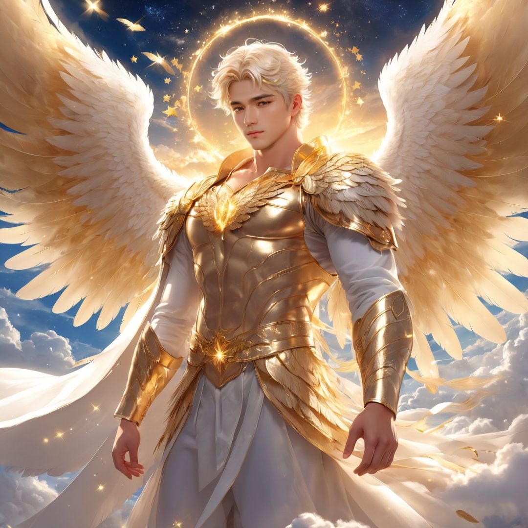 masterpiece,1 boy,Look at me,Muscular development,Handsome,Lovely,Heaven,Robe,in white and gold costume,Angel with six wings,in the sky,clouds,man with wings,angel wings,glowing,platinum hair,outdoors,stars,gold magic swirling,golden feathers,textured skin,super detail,best quality,