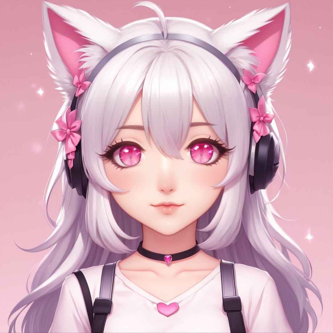 simple background,a cute girl with cat ears and silver hair,pink eyes,chibi avatar,