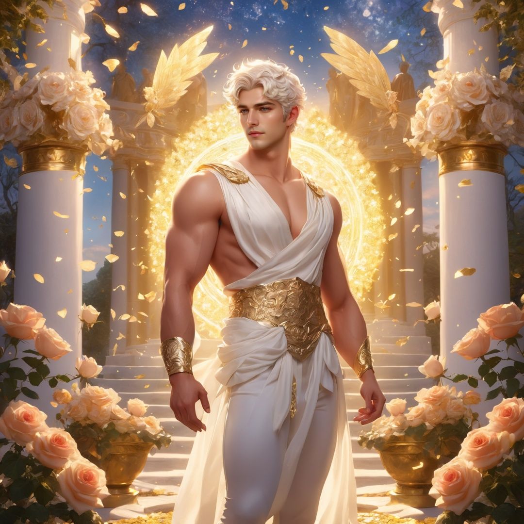 masterpiece,1 male,Look at me,Topless,Short hair,Greek dress,Shrine,Fairy tales,Outdoor,Rose garden,Apollo,glowing,platinum hair,gold magic swirling,in white and gold costume,textured skin,super detail,best quality,