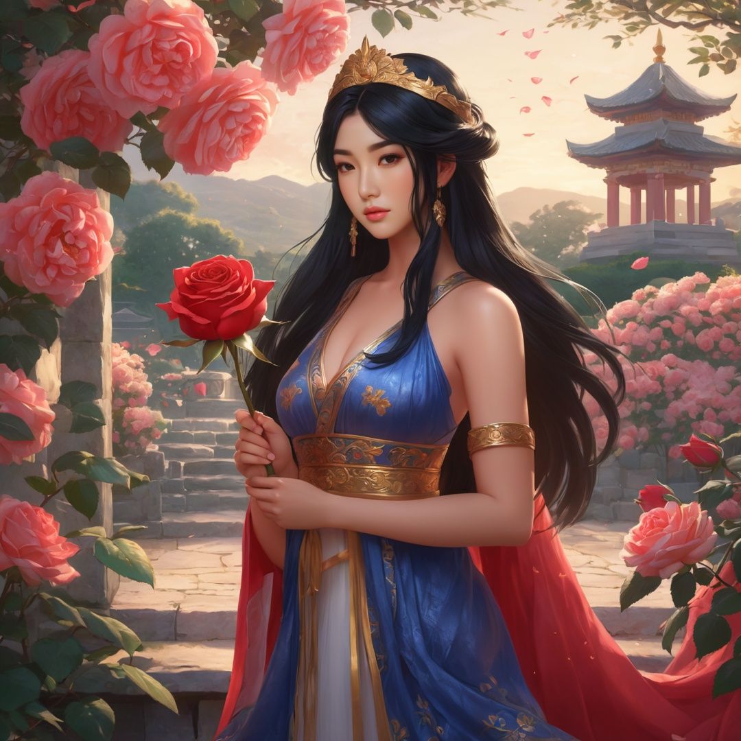 masterpiece,1 girl,Look at me,Black hair,Long hair,Shrine,Fairy tales,Outdoor,Rose garden,Athena,Asian girl,textured skin,super detail,best quality,