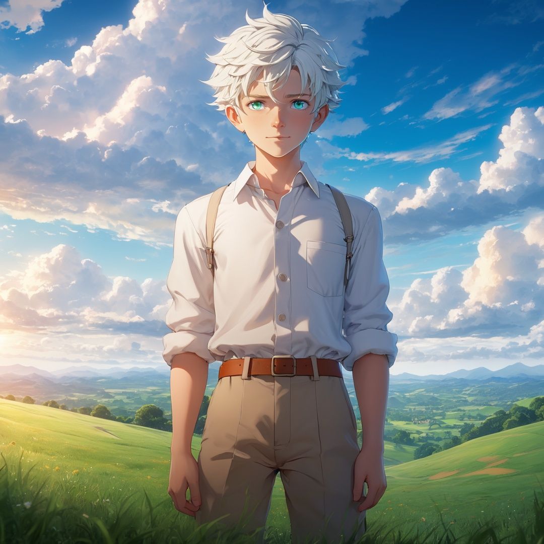 one 12-year-old boy named neverland_norman,standing alone in outdoors next to green open plains,he has blue colored eyes,he has white hair and he is wearing a white collared shirt,draw it in the style of The promised Neverland,The soft lighting and detailed surroundings create an immersive environment where imagination runs wild hyper-detailed,hyper-detailed face,high quality visuals,dim Lighting,sharply focused,octane render,8k UHD,
