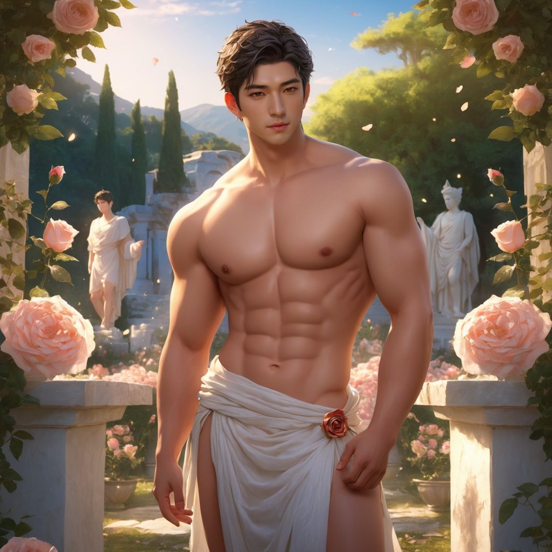 masterpiece,1 male,Look at me,Topless,Short hair,Greek dress,Shrine,Fairy tales,Outdoor,Rose garden,Apollo,textured skin,super detail,best quality,Asian male,