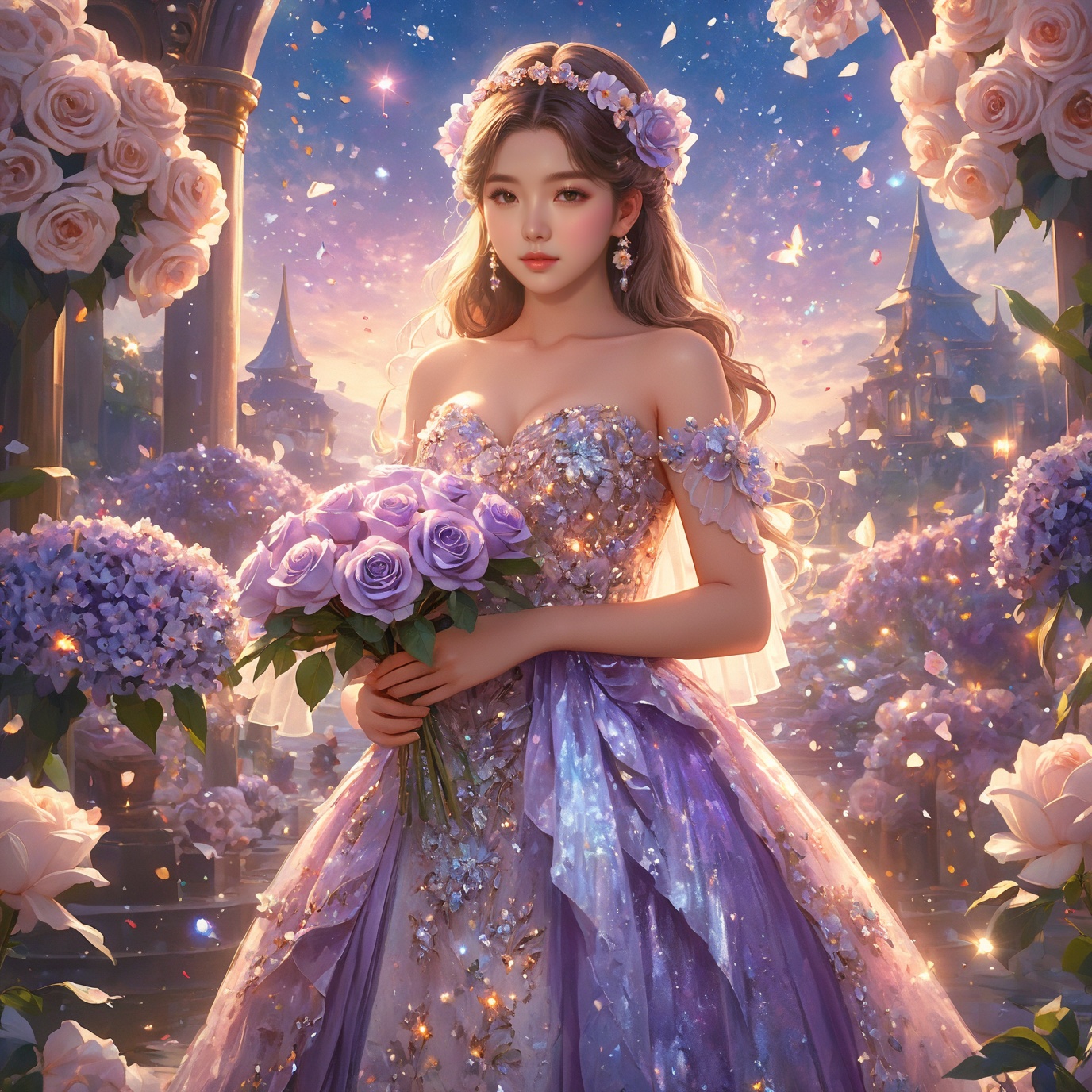 masterpiece, 1 girl, Lolita, Young girl, Asian girl, Lovely, A beautiful face, Look at me, Lily flower, Flowers, dress, Holding flowers in hand, sparkling dress, Giant roses, Lilac flower, Giant flowers, Asgard, A fantastic scene, textured skin, super detail, best quality