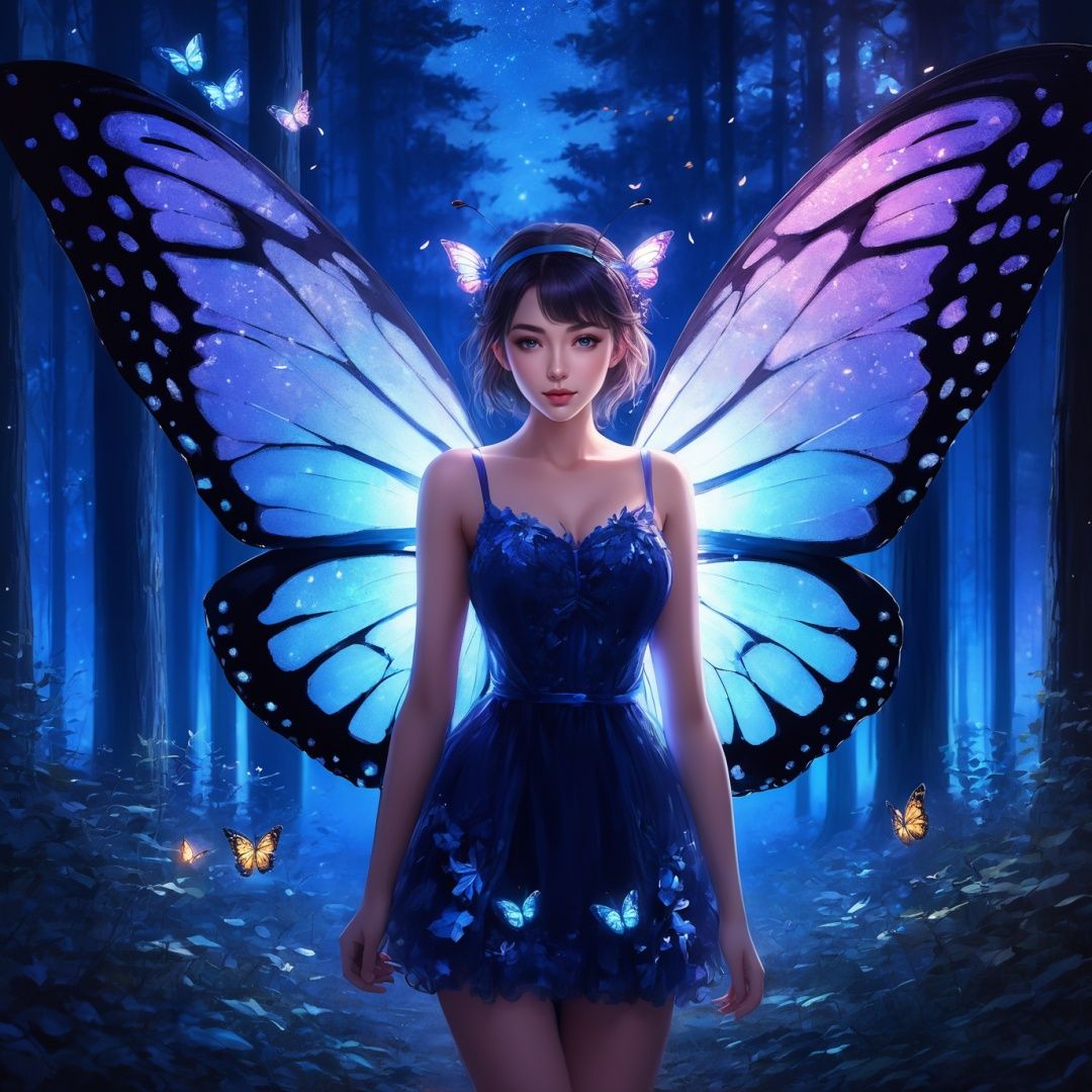 1girl,solo,butterfly wings,full body,looking at viewer,forest,night,dark blue theme,dreamlike,romantic,masterpiece,best quality,ultra-detailed,
