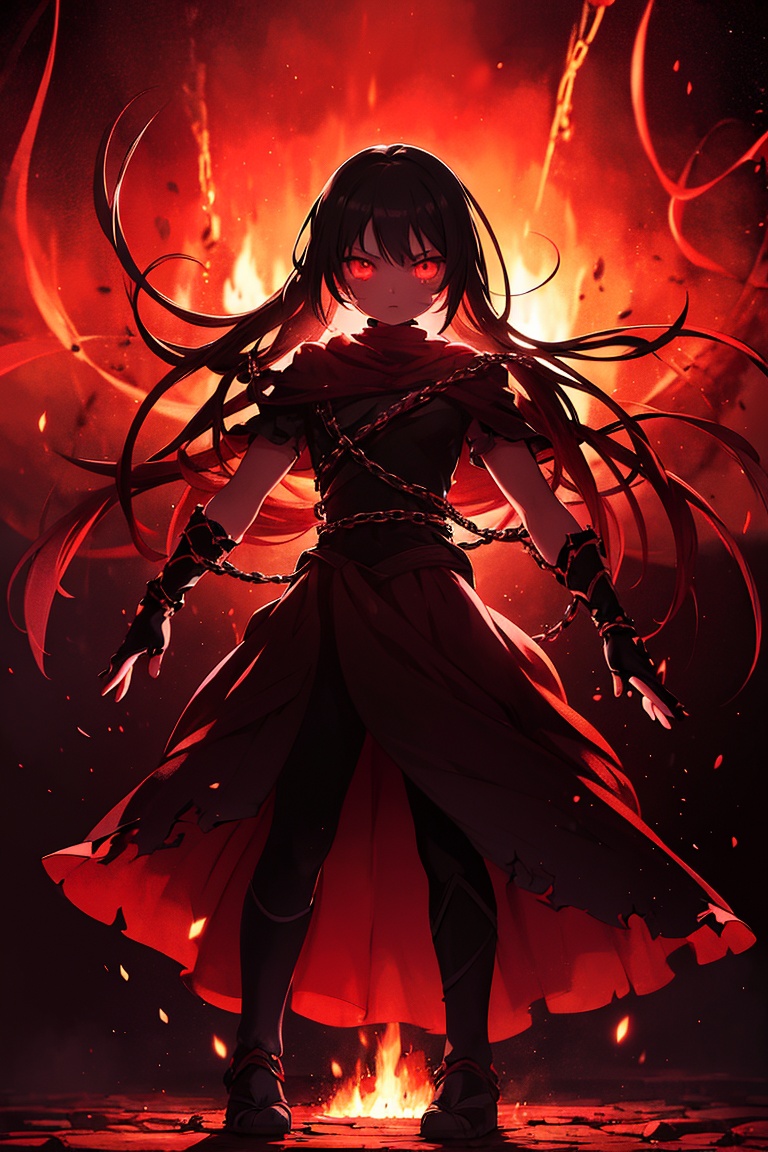 A striking anime character,  shrouded in shadows and poised for battle,  stands against a deep crimson background adorned...