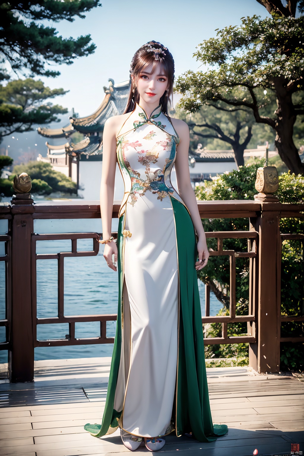  1girl,,(chinese clothes:1.3),collar,jade,jade statue,porcelain,colored skin,tree,flower,lotus,lotusleaf,,,hanfu,,light transmission,refraction,fresnel, jade , jade sculpture , green gemstone,((happy,smile)),(full_body), xw,