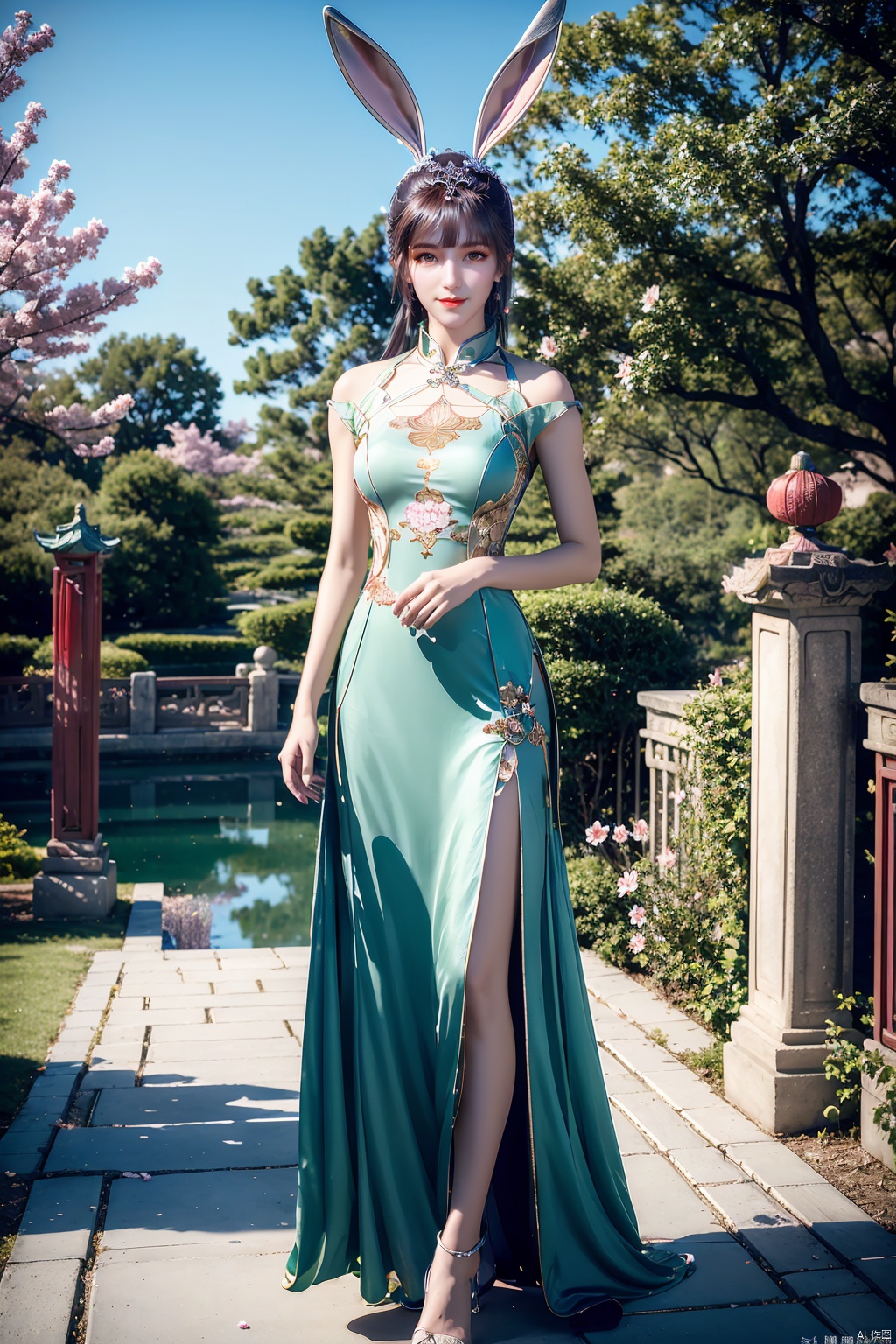  1girl,,(chinese clothes:1.3),collar,jade,jade statue,porcelain,colored skin,tree,flower,lotus,lotusleaf,,,hanfu,,light transmission,refraction,fresnel, jade , jade sculpture , green gemstone,((happy,smile)),(full_body), xw,rabbit ears,