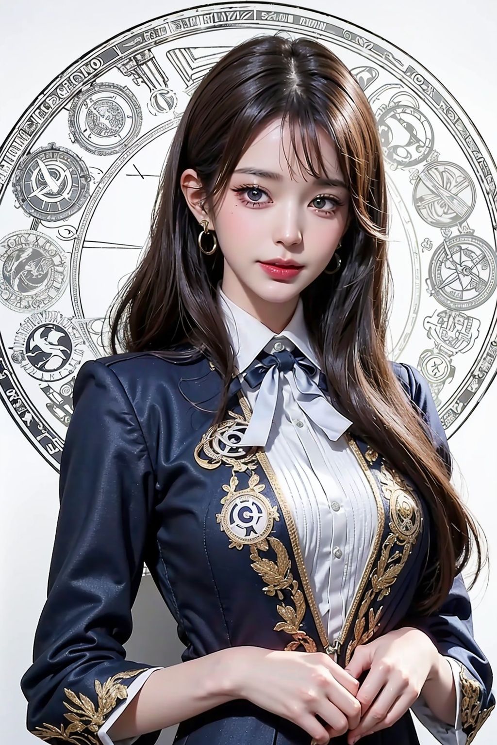 (Representative work: 1.3), (Magic Circle: 1.3) Best quality, illustrations, white background, sunlight, (Detail eye beauty: 1.3) Looking at the audience, big chest, ribbons, flight attendant outfit, smile, upper body, earrings, 8K quality, realistic visual effects, volume lighting, movie image quality, ultimate details, complex and exquisite details, foreground