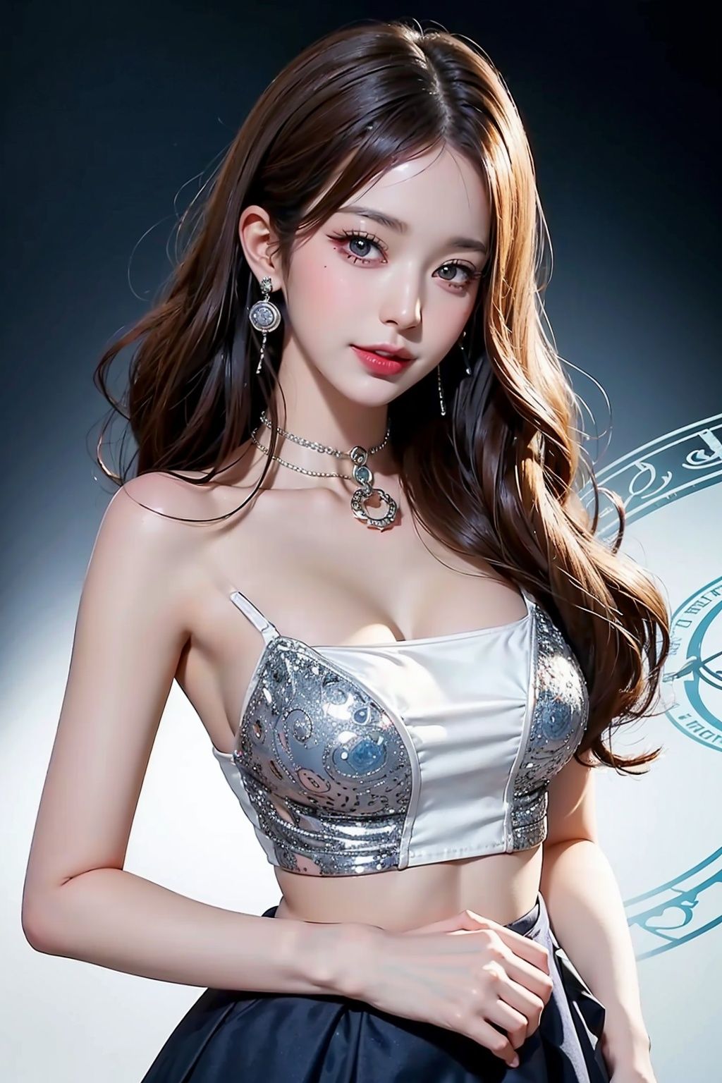 (Representative work: 1.3), (Magic Circle: 1.3) Best quality, illustrations, white background, sunlight, (Detail eye beauty: 1.3) Looking at the audience, big chest, ribbons, uniforms, blue top, white short skirt, curly hair, smile, upper body, earrings, 8K quality, realistic visual effects, volume lighting, movie image quality, ultimate details, complex and exquisite details, foreground