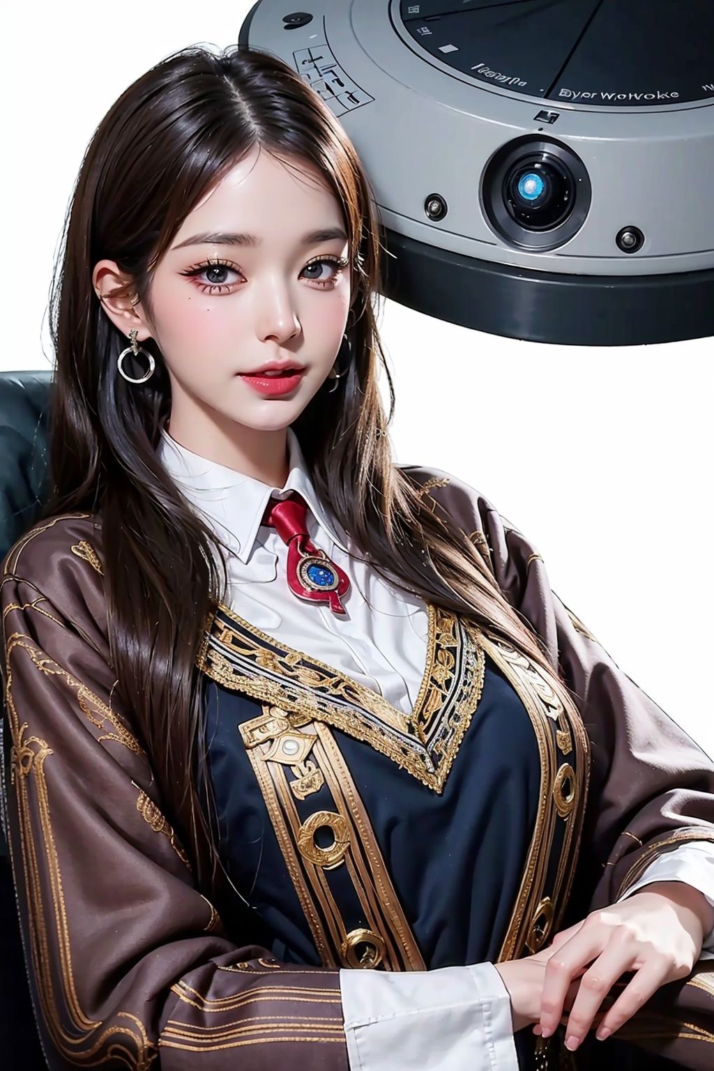 (Representative work: 1.3), (Magic Circle: 1.3) Best quality, illustrations, white background, sunlight, (Detail eye beauty: 1.3) Looking at the audience, big chest, ribbons, flight attendant outfit, smile, upper body, earrings, 8K quality, realistic visual effects, volume lighting, movie image quality, ultimate details, complex and exquisite details, foreground