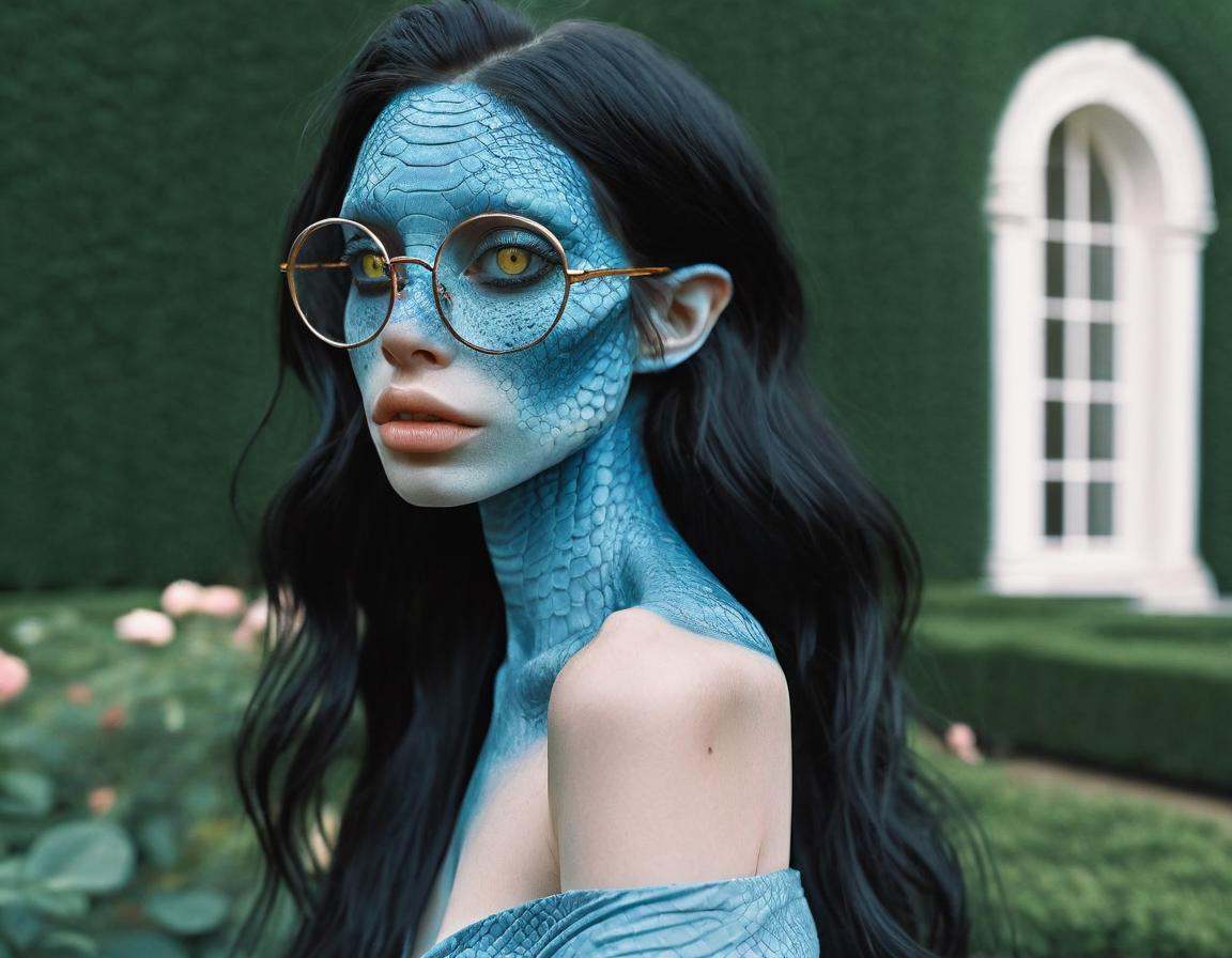 blue reptilian girl ,  near a ,  long black hair on Tensor.Art