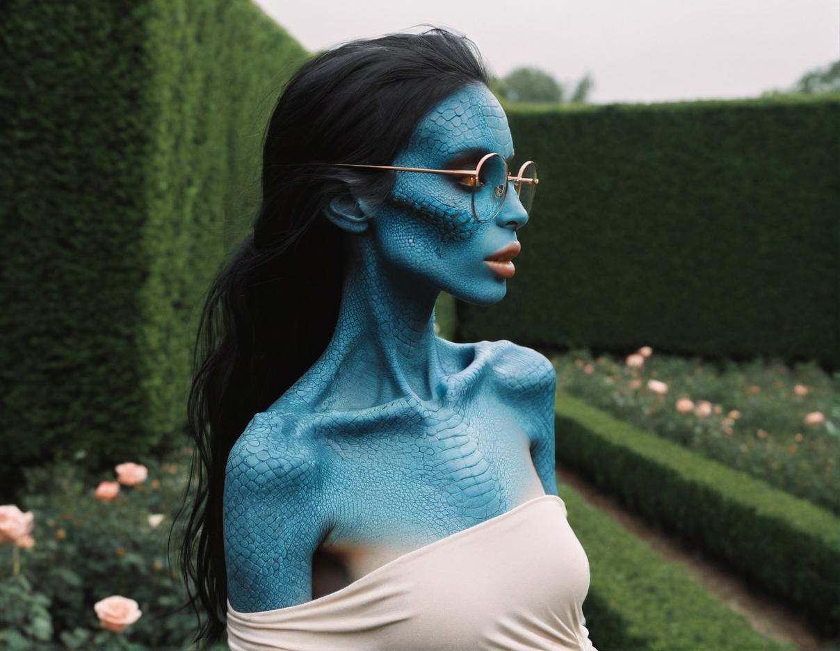 blue skin reptilian girl ,  near a ,  long black hair on Tensor.Art
