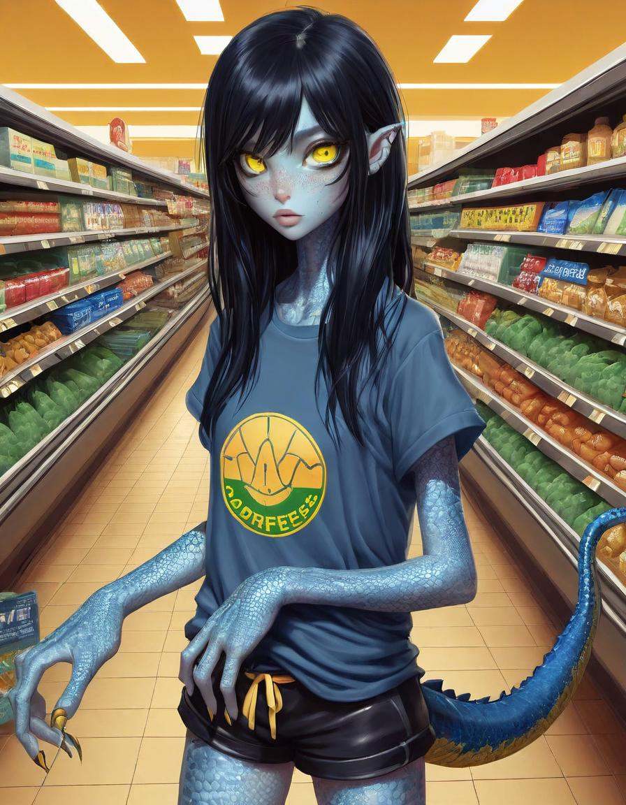 blue reptilian girl ,  near a ,  long black hair on Tensor.Art