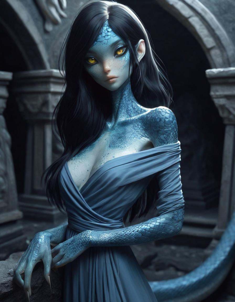 blue reptilian girl ,  near a ,  long black hair on Tensor.Art