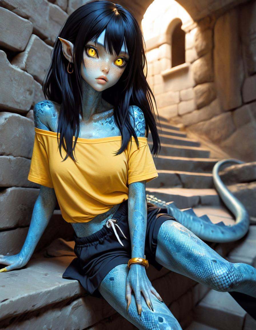 blue reptilian girl ,  near a ,  long black hair on Tensor.Art