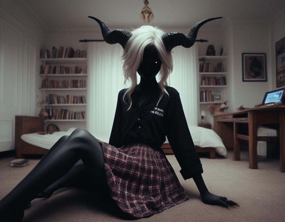 crawling pose,  stalking,  a dark demon girl with black horns on Tensor.Art