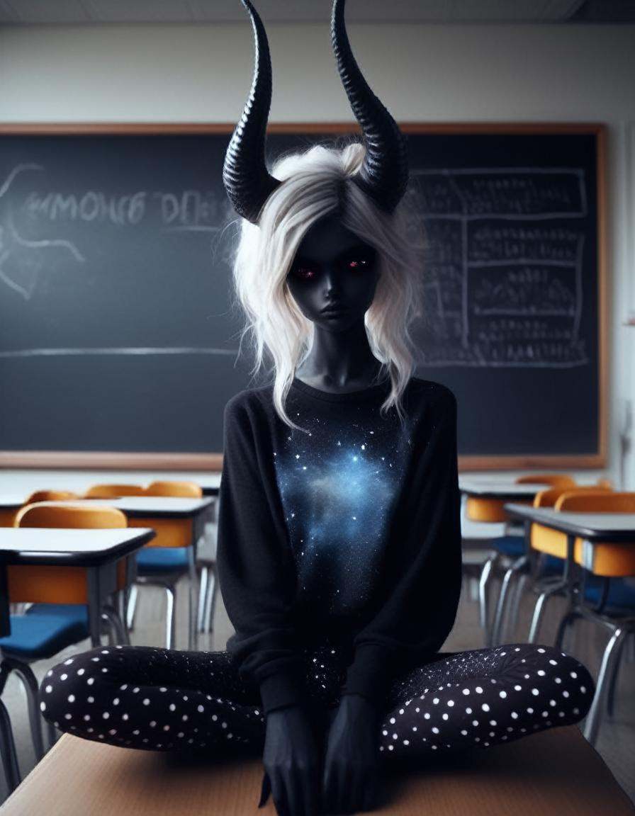 in an empty classroom ,  a dark demon girl with black horns, on Tensor.Art
