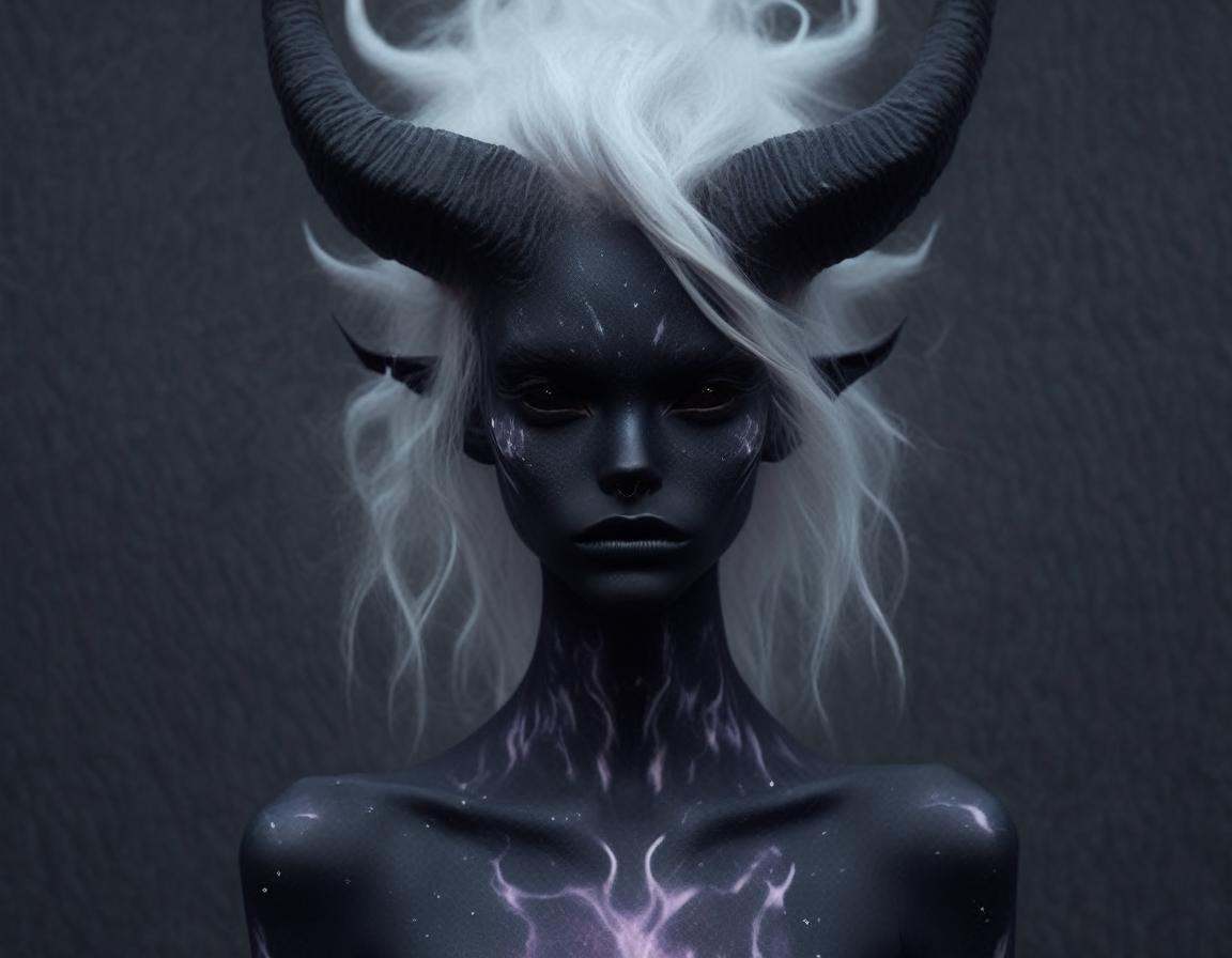 grey background ,  a dark demon girl with black horns, on Tensor.Art