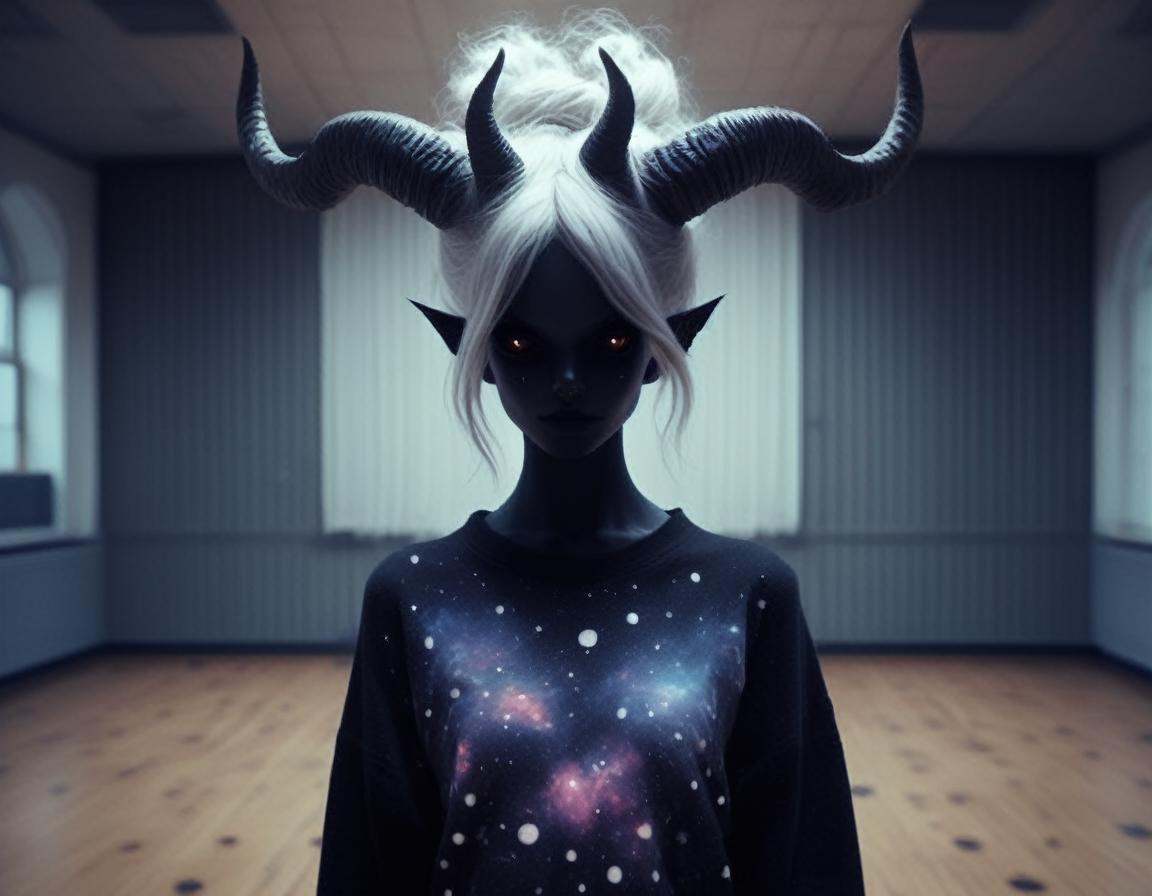 in an empty classroom ,  a dark demon girl with black horns, on Tensor.Art
