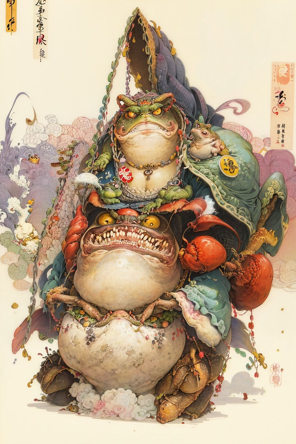 masterpiece,best quality,HDR,8K,<lora:watercolour 9:0.8>,illustration,(((ukiyoe))),((sketch)),((japanese_art)),illustration,a hermit crab with a toad on its head,