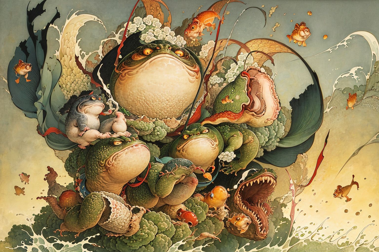 masterpiece,best quality,8K,HDR,ukiyo-e,<lora:watercolour 3:0.8>,a toad carrying a goldfish in the sea,ukiyoe style,