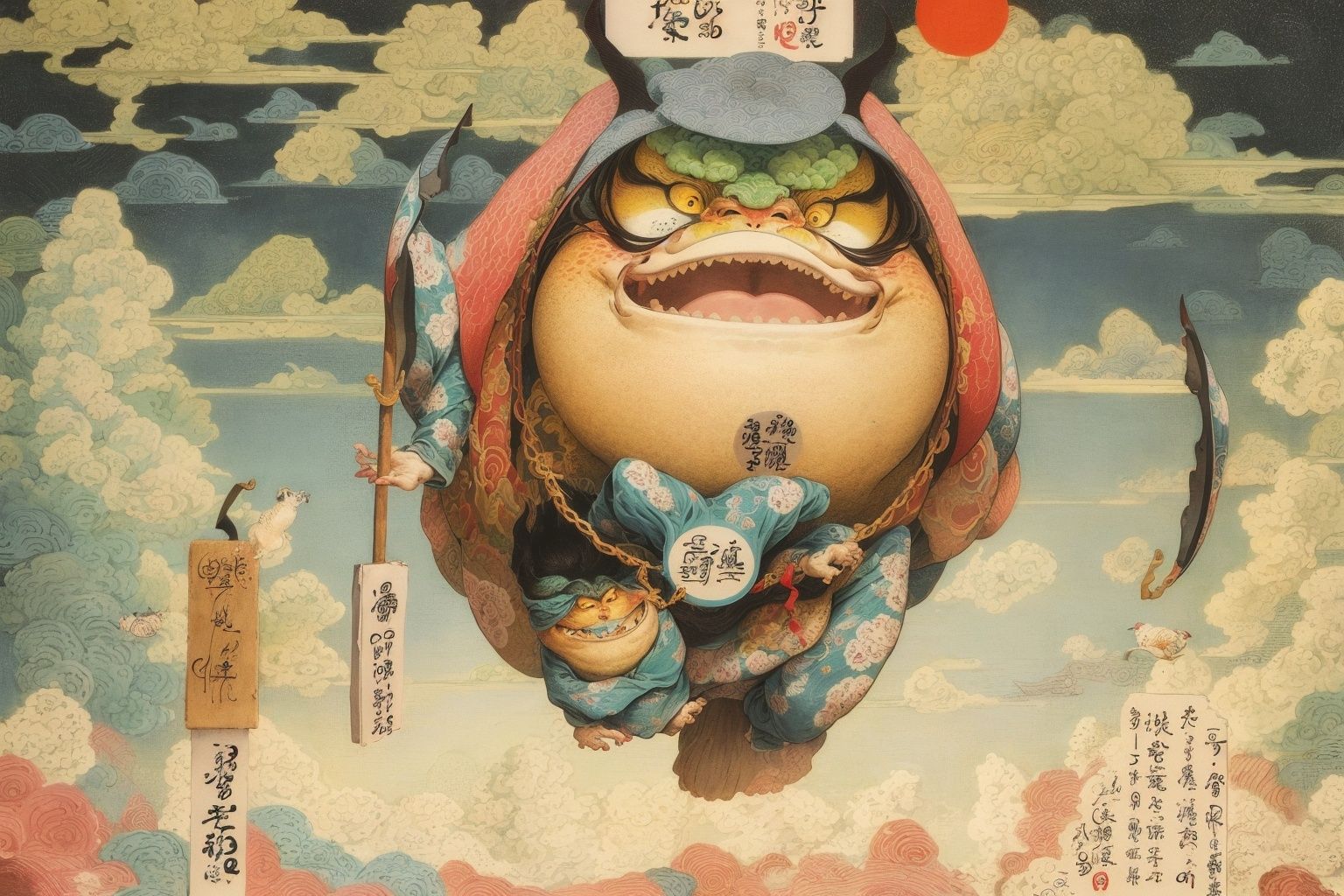 masterpiece,best quality,HDR,8K,<lora:watercolour 13:0.8>,Bai ō Ken Eishun,sakimichan,poster art,ukiyo-e,a tumbler,there are many auspicious clouds around,