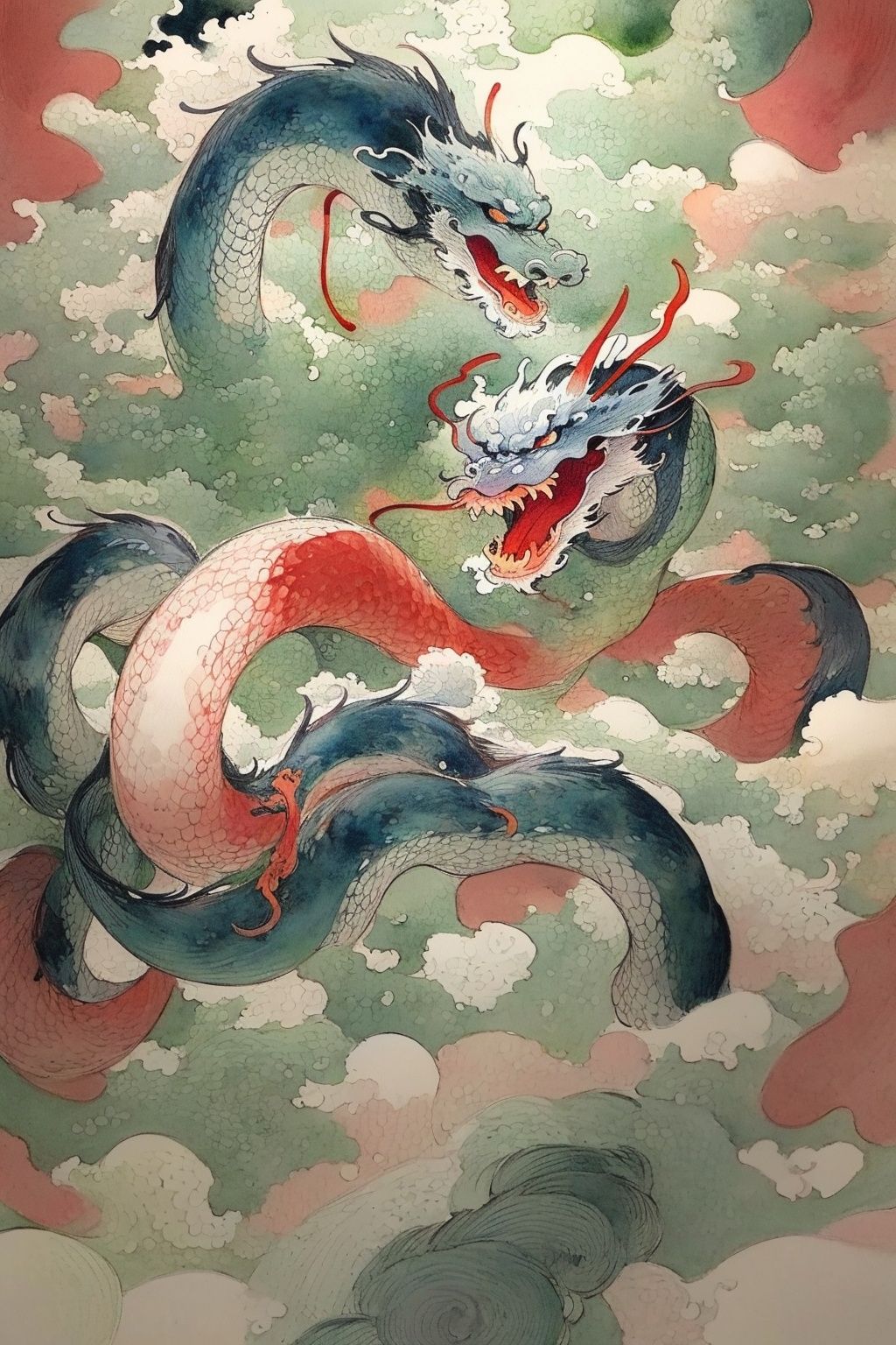 a chinese dragon shuttles through the clouds,the background is a sea of clouds in the air,a fierce expression,looking_at_viewer,upper_body,SOLO,fractal art background,幻想艺术,<lora:watercolour 13:0.4>,watercolour,<lora:东方巨龙Oriental giant dragon_1.0:0.8>,illustration,(((ukiyoe))),((sketch)),((japanese_art)),