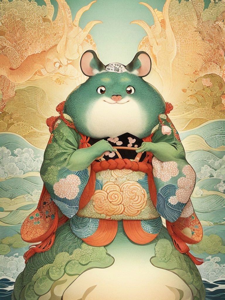a plump mouse,wearing hanfu,looking_at_viewer,the background is on the sea surface,upper_body,SOLO,<lora:watercolour 13:0.6>,ukiyoe style,fractal art background,幻想艺术,吸烟,说,