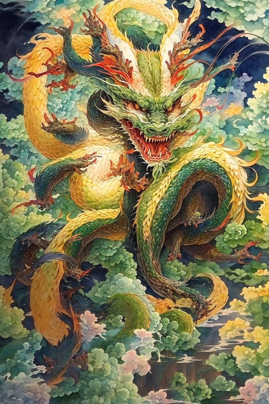 a chinese dragon shuttles through the clouds,the background is a sea of clouds in the air,a fierce expression,looking_at_viewer,upper_body,SOLO,fractal art background,幻想艺术,<lora:watercolour 13:0.6>,watercolour,<lora:东方巨龙Oriental giant dragon_1.0:0.8>,