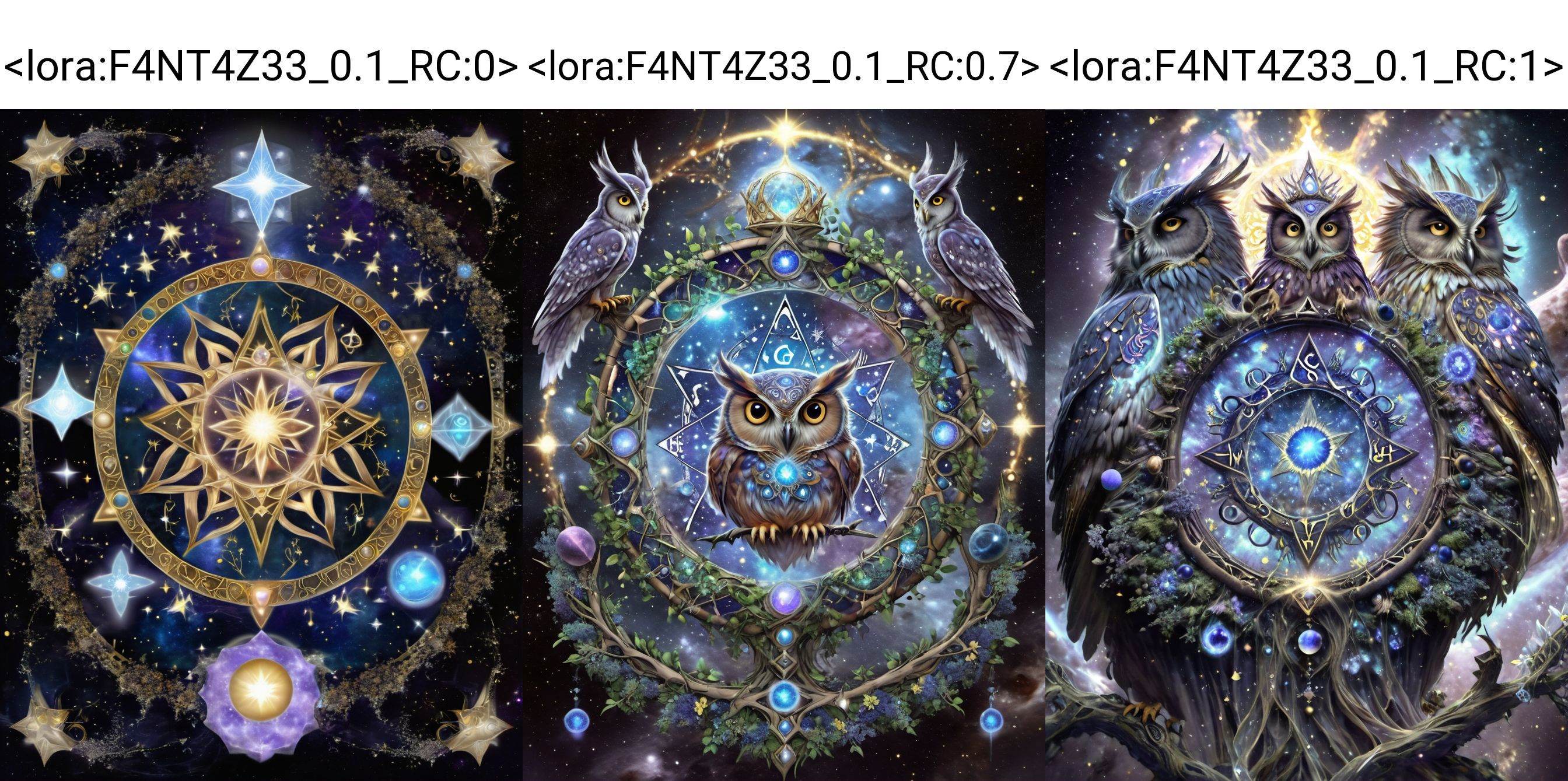 Starlight Alchemist - Alchemical Being in Starlight, Celestial Substance Form, Starlight Blossoms, Alchemical Crown, Cosmic Alchemical Laboratory, Starlight Gems, Reflective Vessels, Flowing Starlight Cloak, Celestial Alchemy, Enchanted Starlight Vines, Cosmic Owl Soaring, Glowing Particles, Celestial Rune Mandala, Fractal Alchemical Patterns, Covered in Astral Residue, Guardian of Celestial Alchemy. <lora:F4NT4Z33_0.1_RC:0>