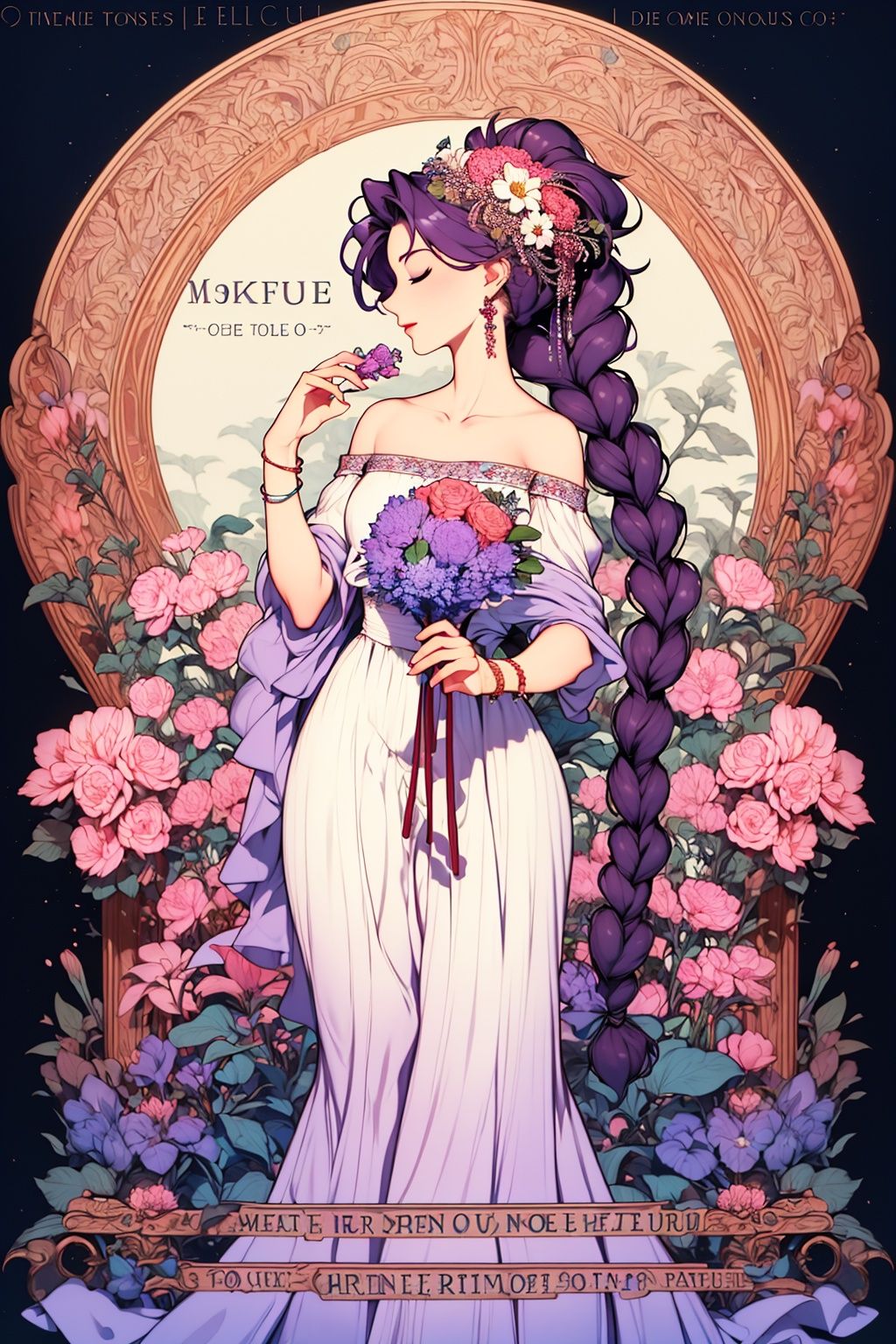 masterpiece,best quality,1girl,8K,HDR,<lora:zhongshimuxia-000013:0.6>,zhongshimuxia,long hair,flower,dress,solo,hair ornament,braid,very long hair,white dress,closed eyes,hair flower,jewelry,earrings,makeup,bare shoulders,purple and pink,art nouveau,ribbon,holding,profile,bouquet,strapless,breasts,hand up,blue flower,english text,off-shoulder dress,lipstick,off shoulder,hair ribbon,strapless dress,bracelet,standing,collarbone,holding bouquet,braided ponytail,holding flower,tassel,eyeshadow,long dress,purple hair,