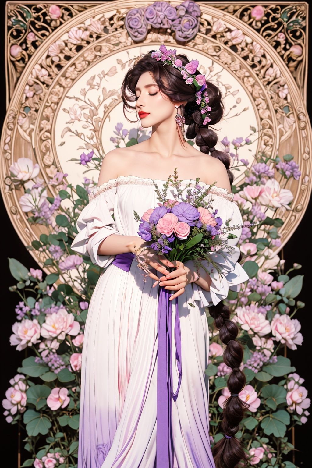 masterpiece,best quality,1girl,8K,HDR,<lora:zhongshimuxia-000013:0.6>,zhongshimuxia,long hair,flower,dress,solo,hair ornament,braid,very long hair,white dress,closed eyes,hair flower,jewelry,earrings,makeup,bare shoulders,purple and pink,art nouveau,ribbon,holding,profile,bouquet,strapless,breasts,hand up,blue flower,english text,off-shoulder dress,lipstick,off shoulder,hair ribbon,strapless dress,bracelet,standing,collarbone,holding bouquet,braided ponytail,holding flower,tassel,eyeshadow,long dress,purple hair,