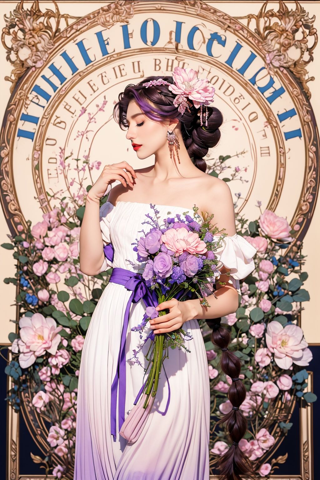 masterpiece,best quality,1girl,8K,HDR,<lora:zhongshimuxia-000013:0.6>,zhongshimuxia,long hair,flower,dress,solo,hair ornament,braid,very long hair,white dress,closed eyes,hair flower,jewelry,earrings,makeup,bare shoulders,purple and pink,art nouveau,ribbon,holding,profile,bouquet,strapless,breasts,hand up,blue flower,english text,off-shoulder dress,lipstick,off shoulder,hair ribbon,strapless dress,bracelet,standing,collarbone,holding bouquet,braided ponytail,holding flower,tassel,eyeshadow,long dress,purple hair,