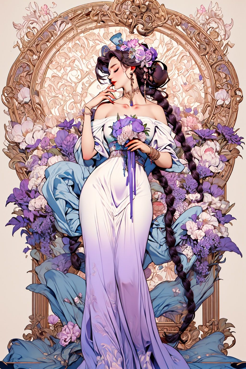 masterpiece,best quality,1girl,8K,HDR,<lora:zhongshimuxia-000013:0.7>,zhongshimuxia,long hair,flower,dress,solo,hair ornament,braid,very long hair,white dress,closed eyes,hair flower,jewelry,earrings,makeup,bare shoulders,purple and pink,art nouveau,ribbon,holding,profile,bouquet,strapless,breasts,hand up,blue flower,english text,off-shoulder dress,lipstick,off shoulder,hair ribbon,strapless dress,bracelet,standing,collarbone,holding bouquet,braided ponytail,holding flower,tassel,eyeshadow,long dress,purple hair,
