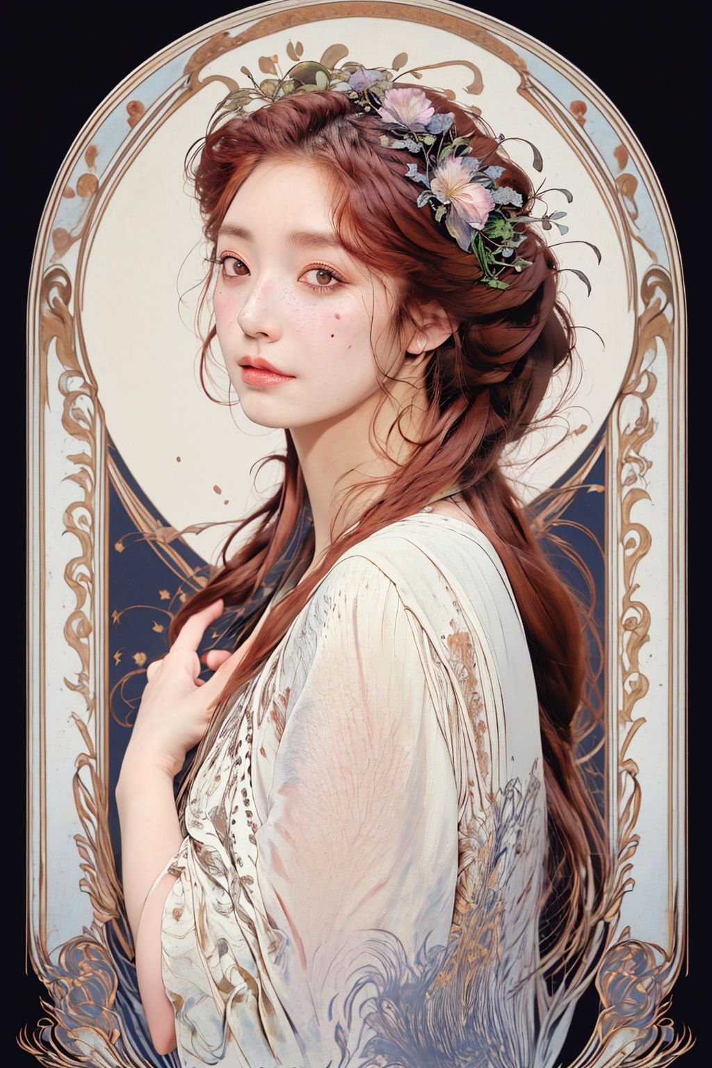 masterpiece,best quality,1girl,8K,HDR,looking_at_screen,looking_at_viewer,front,<lora:zhongshimuxia-000013:0.8>, POV shot of a (Grandma:1.1) , she is feeling insecure, her hair is Ginger, the Grandma has a Arcadian Face Mask, Visual novel, sgraffito, Complex background, freckles