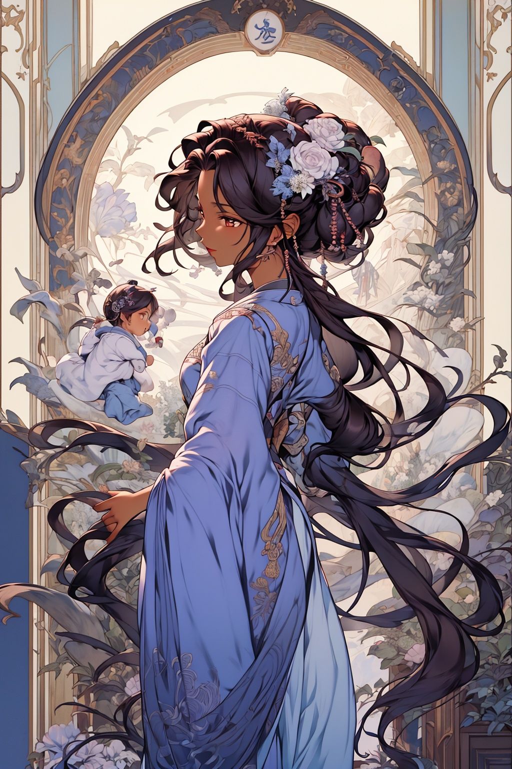 masterpiece,best quality,1girl,8K,HDR,<lora:zhongshimuxia-000013:0.7>,zhongshimuxia, ((((front)))) ,hanfu,chineses style, [by Bastien Lecouffe-Deharme| Karol Bak], octane render, Pretty Puerto Rican (Family:1.3) , 😇, they are dressed in a Inspirational Chausses that was designed by Red bull, It is Ice and Brown, their hair is Auburn and styled as Side swept, inside a Steppe, in focus, detailed, masterpiece, Spirals, matte skin