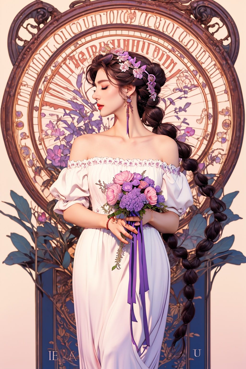 masterpiece,best quality,1girl,8K,HDR,<lora:zhongshimuxia-000013:0.6>,zhongshimuxia,long hair,flower,dress,solo,hair ornament,braid,very long hair,white dress,closed eyes,hair flower,jewelry,earrings,makeup,bare shoulders,purple and pink,art nouveau,ribbon,holding,profile,bouquet,strapless,breasts,hand up,blue flower,english text,off-shoulder dress,lipstick,off shoulder,hair ribbon,strapless dress,bracelet,standing,collarbone,holding bouquet,braided ponytail,holding flower,tassel,eyeshadow,long dress,purple hair,