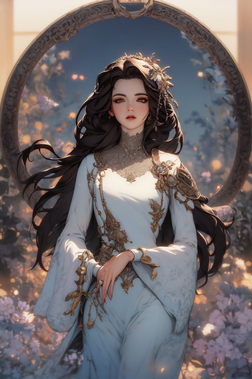 masterpiece,best quality,1girl,8K,HDR,<lora:zhongshimuxia-000008:0.6>, ((((front)))) , octane render, Fantasy Fashionista Female Aasimar, Bokeh, Frightening, L USM, two colors, intricate detailed face, by Yaacov Agam
