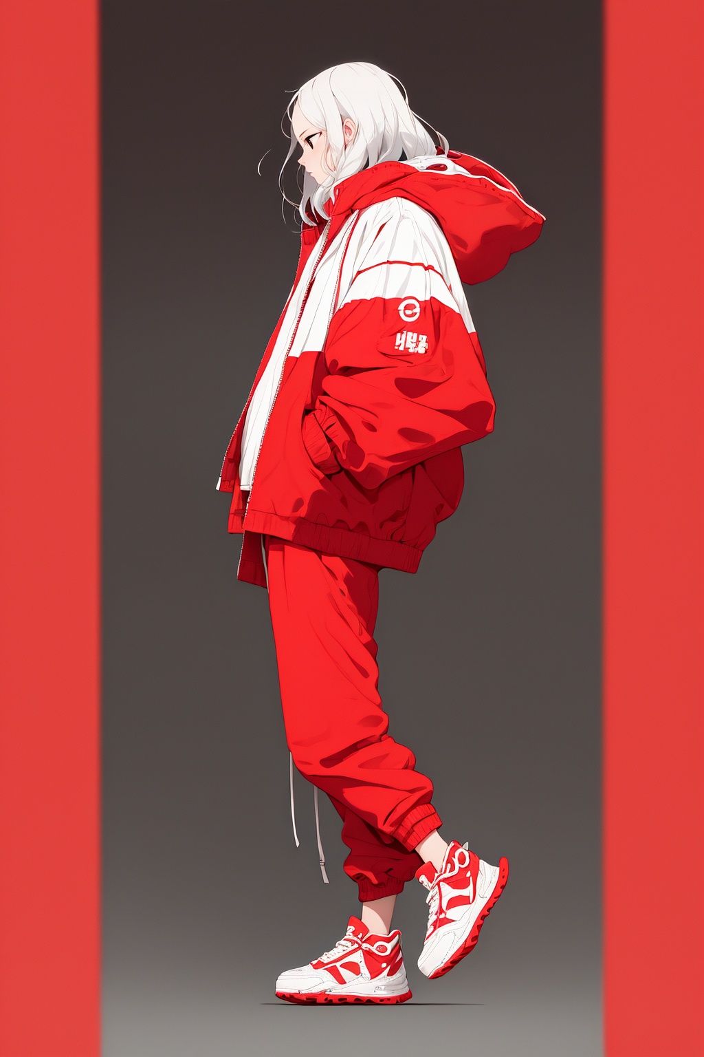 <lora:guochaopingtu000019 (10):0.5>,1girl,(((white hair))),solo,long hair,black hair,shoes,pants,red footwear,circle,full body,jacket,black eyes,profile,long sleeves,standing,from side,sneakers,red theme,hood,guochaopingtu,