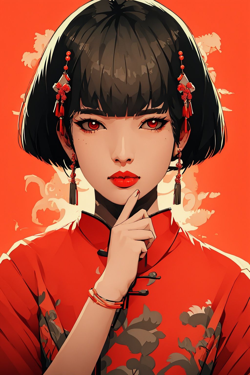 masterpiece,best quality,8K,HDR,<lora:guochaopingtu3:0.8>,1girl,solo,jewelry,chinese clothes,earrings,bangs,short hair,looking at viewer,black hair,blunt bangs,upper body,bob cut,bracelet,hair ornament,red lips,hand up,brown eyes,lips,black eyes,tassel,white background,guochaopingtu,