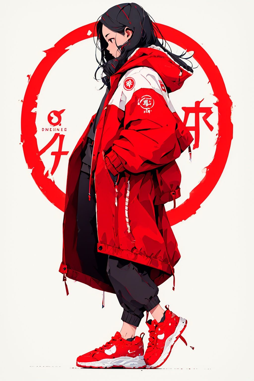 <lora:guochaopingtu000019 (15):0.8>,1girl,(((white hair))),solo,long hair,black hair,shoes,pants,red footwear,circle,full body,jacket,black eyes,profile,long sleeves,standing,from side,sneakers,red theme,hood,guochaopingtu,