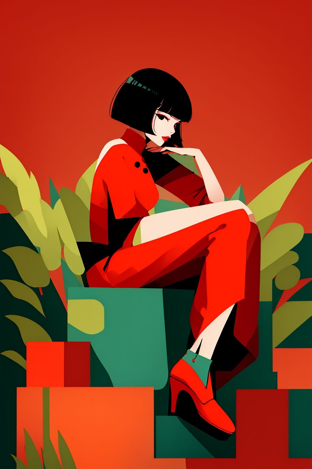 masterpiece,best quality,8K,HDR,<lora:guochaopingtu5:0.8>,guochaopingtu,1girl, solo, black hair, short hair, bob cut, high heels, red footwear, dress, sitting, red dress, bangs, black eyes, plant, blunt bangs, makeup, full body, looking at viewer, guochaopingtu