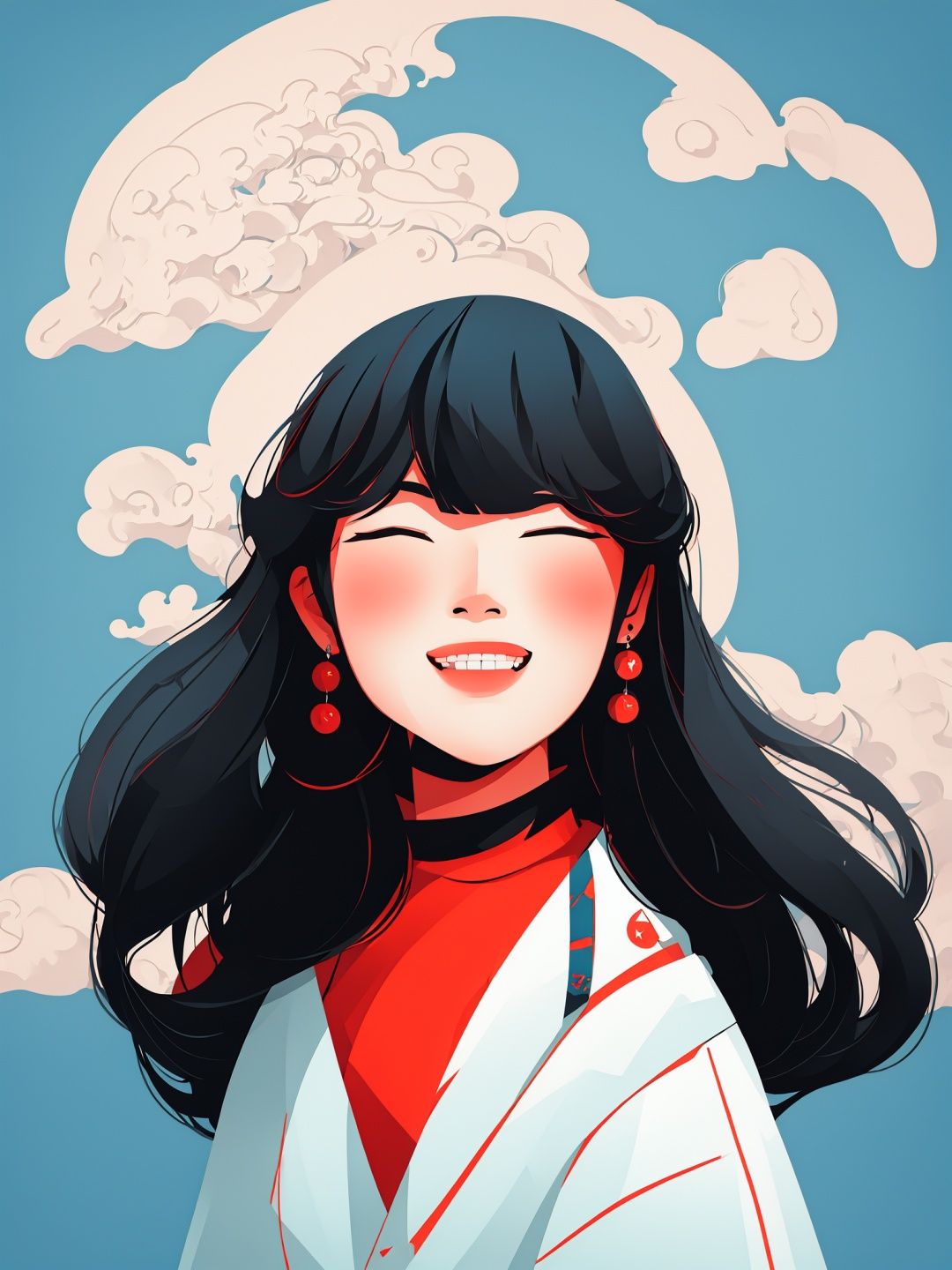 masterpiece,best quality,8K,HDR,<lora:guochaopingtu4:0.8>,mw_bpch,1girl,profile,waves,blush,black hair,upper body,closed eyes,sailor collar,long hair,blue hair,white background,smile,star \(symbol\),cloud,jewelry,bangs,earrings,