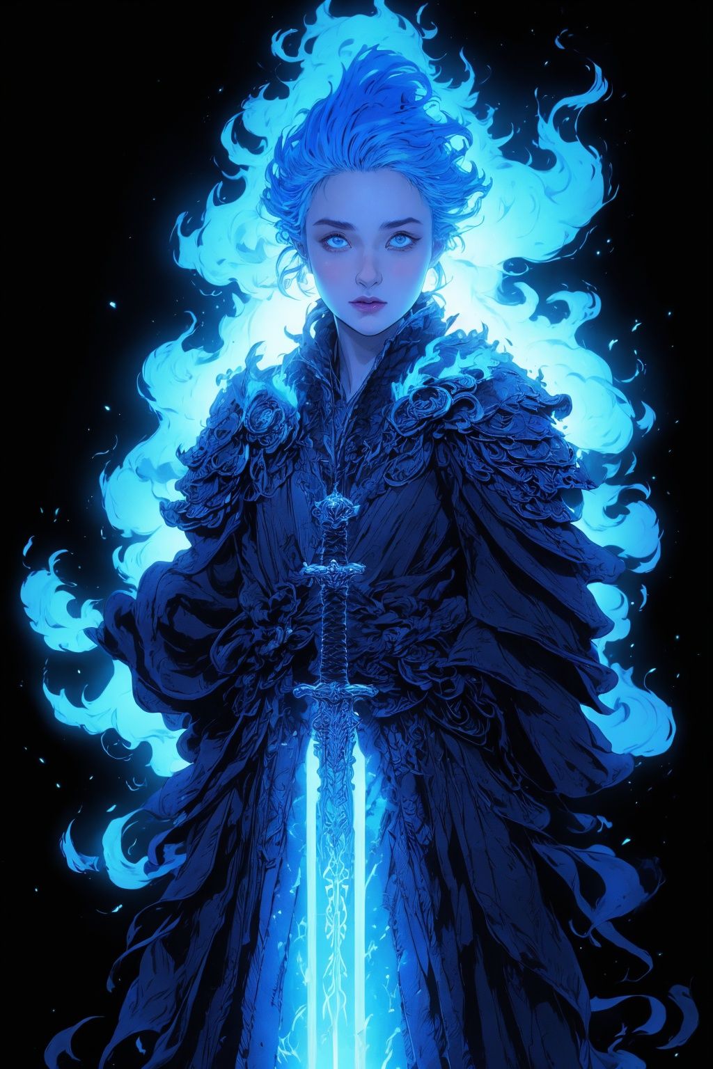 masterpiece,best quality,1girl,8K,HDR,<lora:Xguang-000020:0.6>,Xguang,blue theme,black_background,BLUE FLAME,flame hair,armor,Xguang,weapon,fire,armor,simple_background, Pottery of a Gigantic (Female Lawyer:1.3) , hillside, Bathed in shadows, Sharp and in focus, [ (art by Jules Cheret:1.1) : (Brothers Hildebrandt:0.7) :16], Cozy, Tinycore, Depth of field 270mm, in the style of Star Wars, UHD
