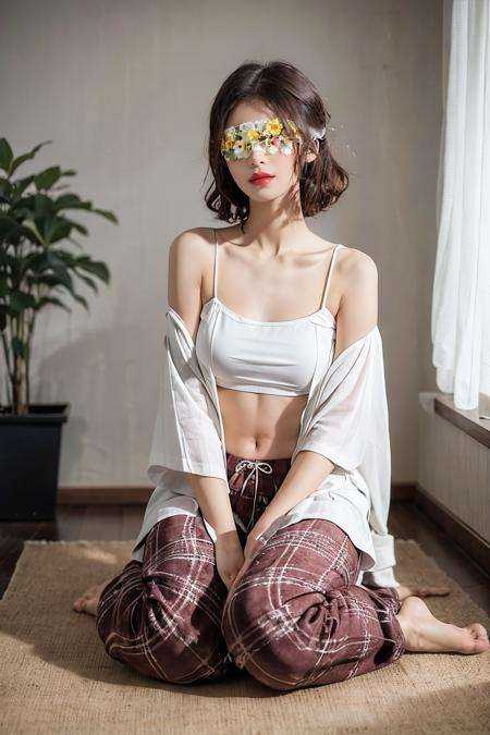 A photo-realistic rendering charming 1 girl,  (Flower Blindfold), lovely spring outing surrounded by beautiful yellow flowers, low key,  full body, 32K, RAW photo, beautiful detailed eyes and face, brown eyes, short curly hair, messy hair, bow camisole, navel, full body, <lora:Flower_BlindfoldSora:0.8>, (ultra realistic,32k,RAW photo,high detailed skin:1.1) 
(masterpiece,best quality:1.5),
Pajama pants and oversized t-shirt, Bedroom,Stars in the sky, \Karin (Haganai: Boku wa Tomodachi ga Sukunai)\