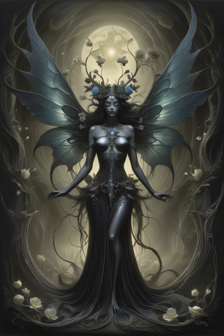 Obsidian Enigma Art Style,  An ethereal realm where faeries with twisted wings flutter among spectral blossoms,  their del...
