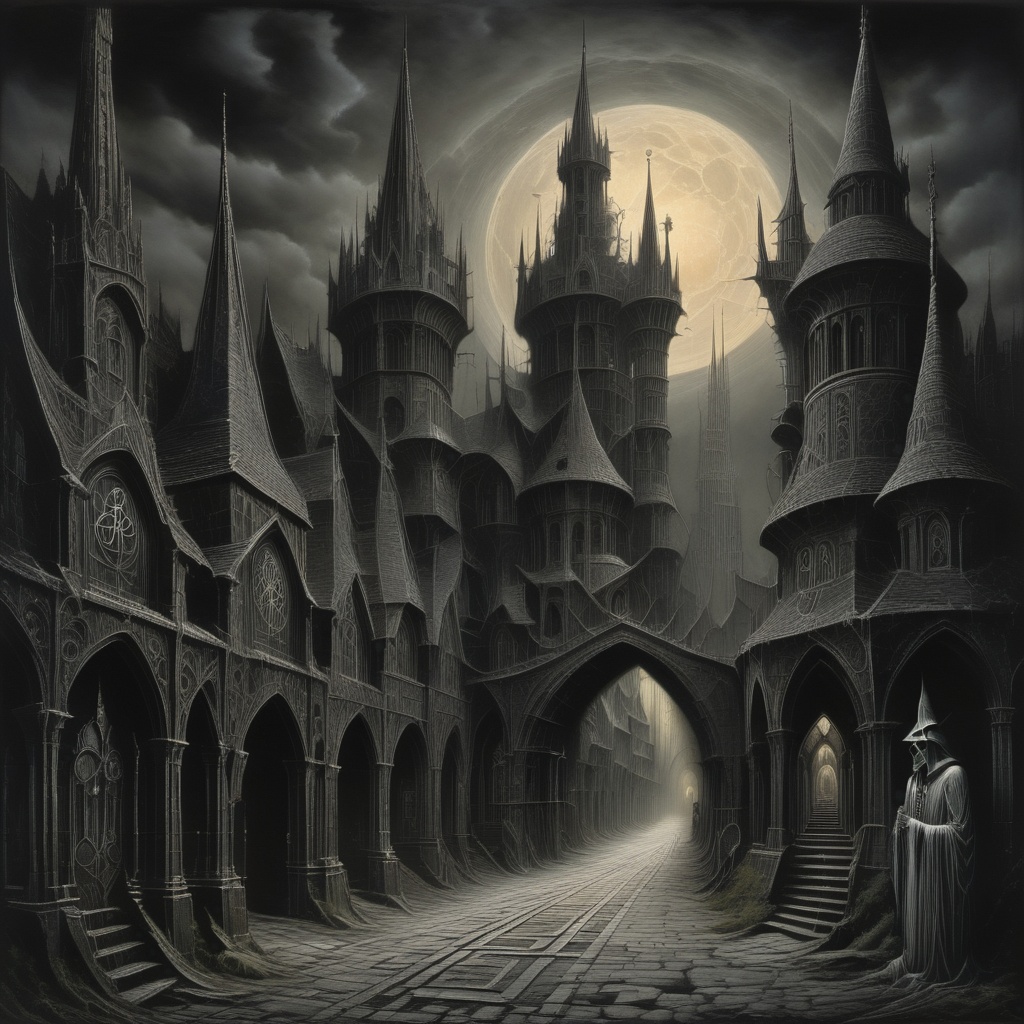 A desolate,  gothic cityscape bathed in a haunting glow,  with towering spires adorned with cryptic symbols piercing the h...