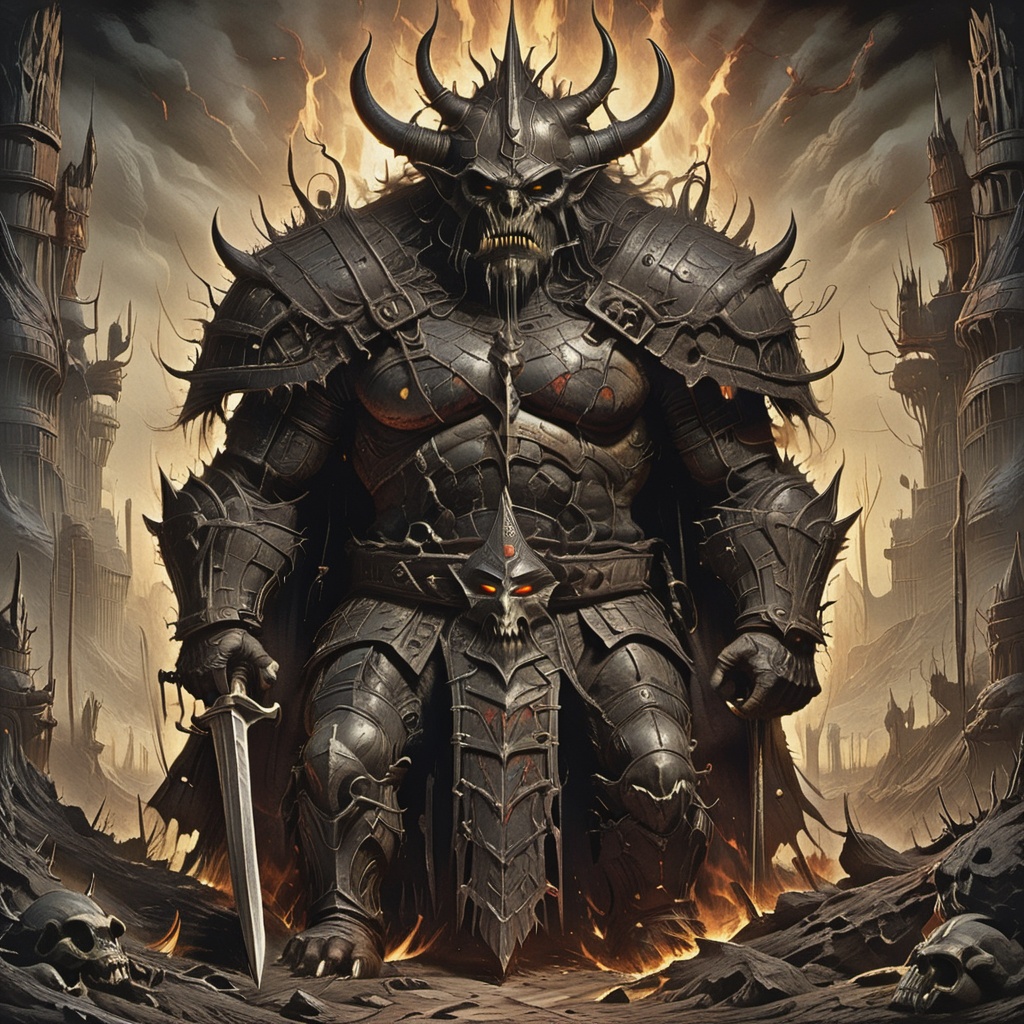 Obsidian Enigma Art Style,  a dreadful orc warlord,  adorned in battle-worn armor on Tensor.Art