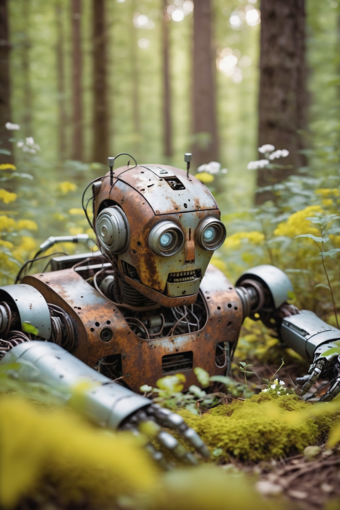 a dead old and rusty body of a robot lying in the forrest,  plants and flowers grow out of the body of robot,  depth of fi...