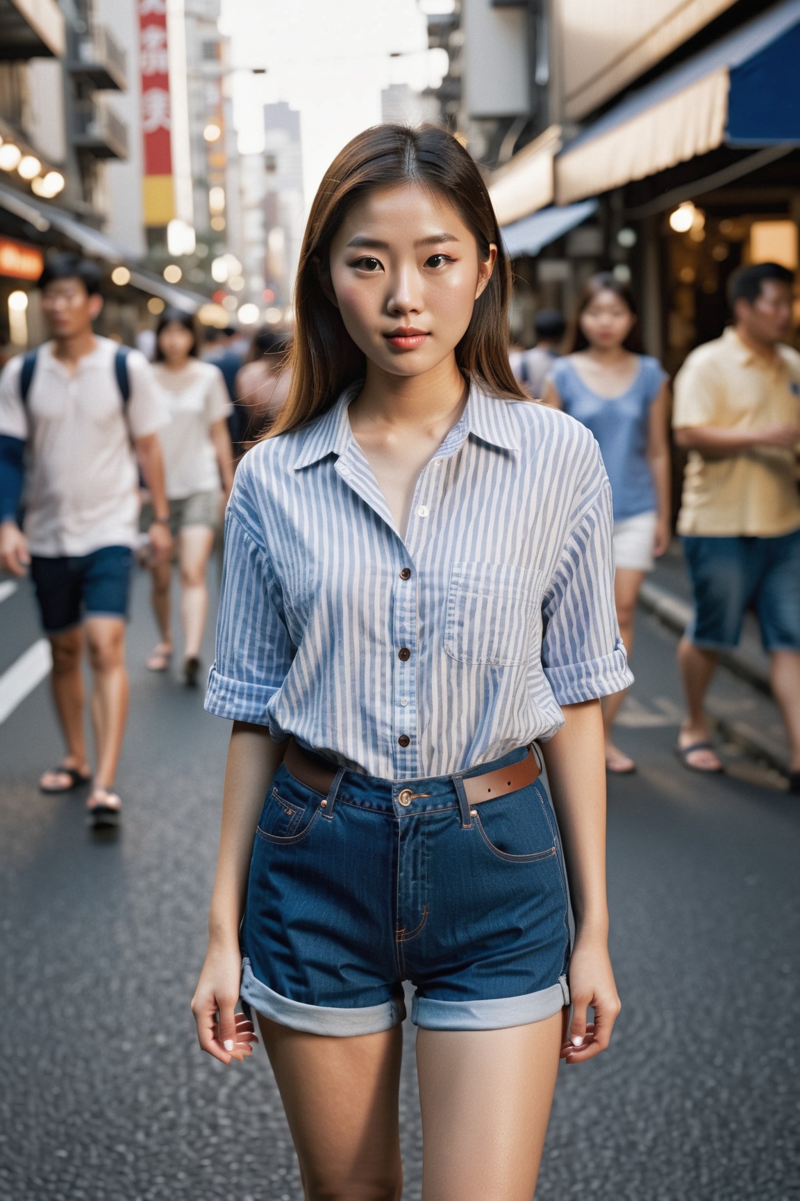 high fashion photography photo of a beautiful young asian woman,  in the busy streets of Tokyo,  striped button-up shirt w...